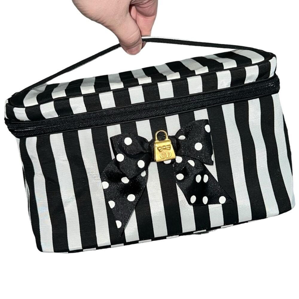 VTG Christian Dior Large Black & White Striped Toiletry Cosmetic Case Makeup Bag